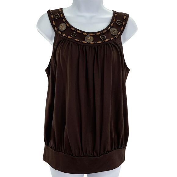 MICHAEL by MICHAEL KORS Brown Beaded Tank Top Shirred Scoop Neck Band Hem M - Picture 3 of 13